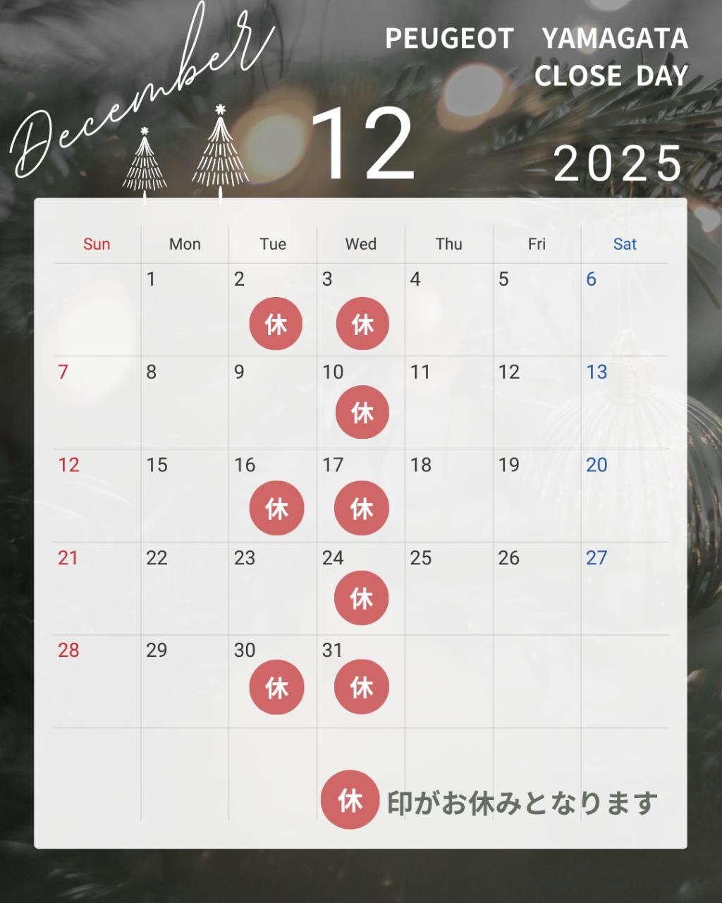 🦁【12月定休日のご案内】